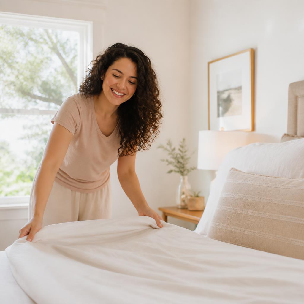 Latina woman with curly hair smiling while making a bed