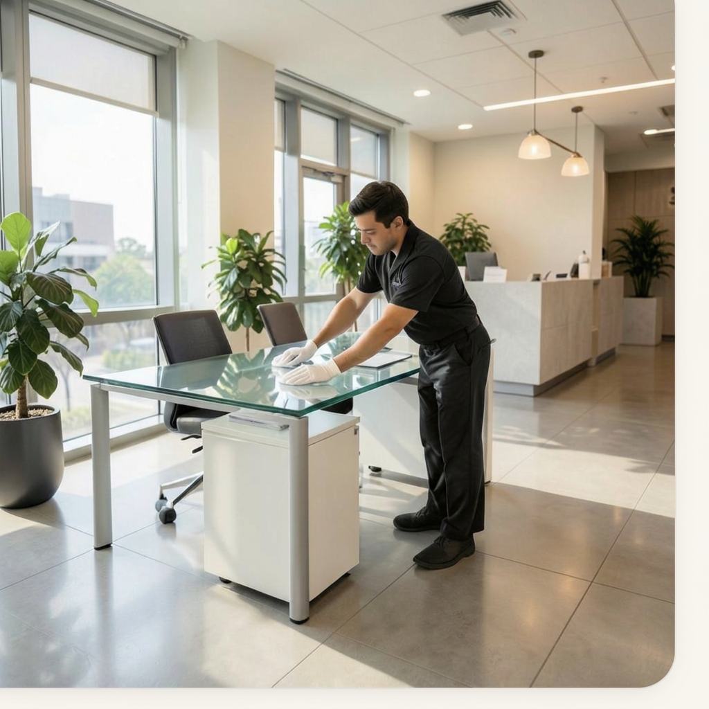 Professional cleaner wiping a glass desk in a bright modern office