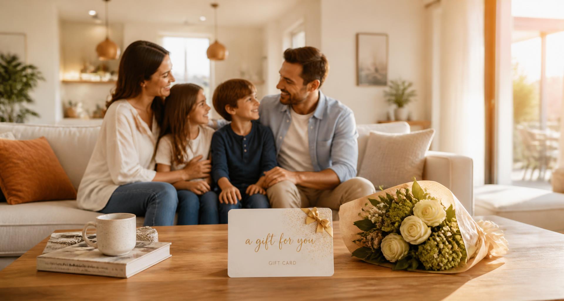 A happy family relaxing in a bright, clean living room with a gift card and flowers on the coffee table