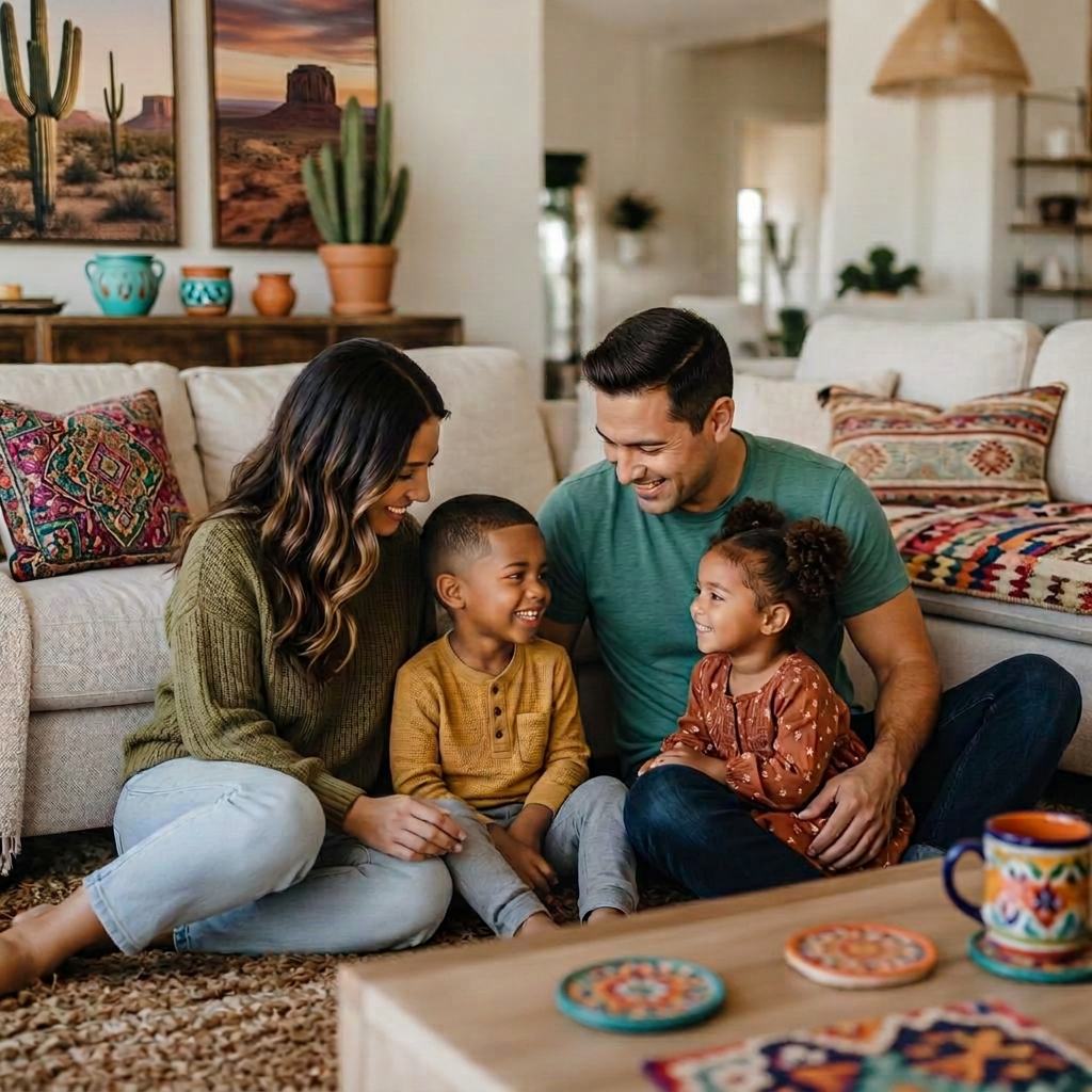 Loving family sitting on the floor next to a couch in a clean home