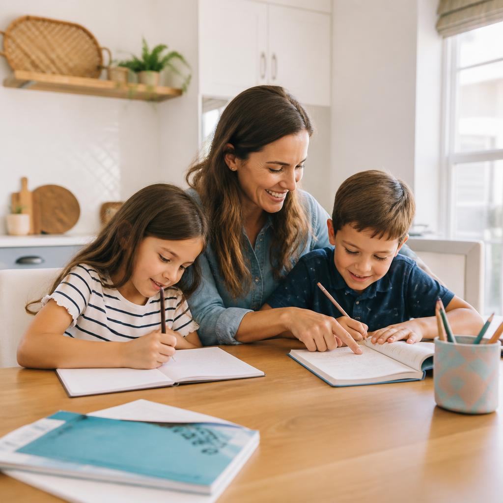 Family doing homework together at a clean kitchen table